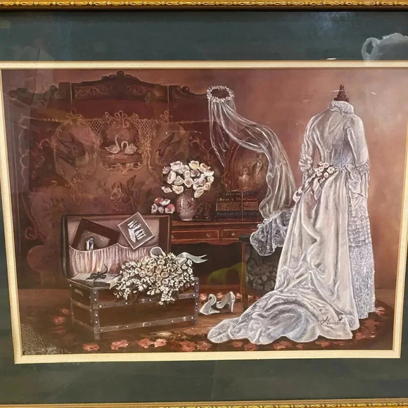 VTG Home & Garden Party Victorian Wedding Theme Gold Art Frame 18”x22” Signed - Picture 3 of 9